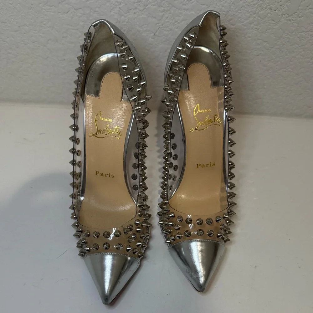 Christian Louboutin Metallic Silver Gloss Clear PVC Spike Me 100 Pumps Size 39